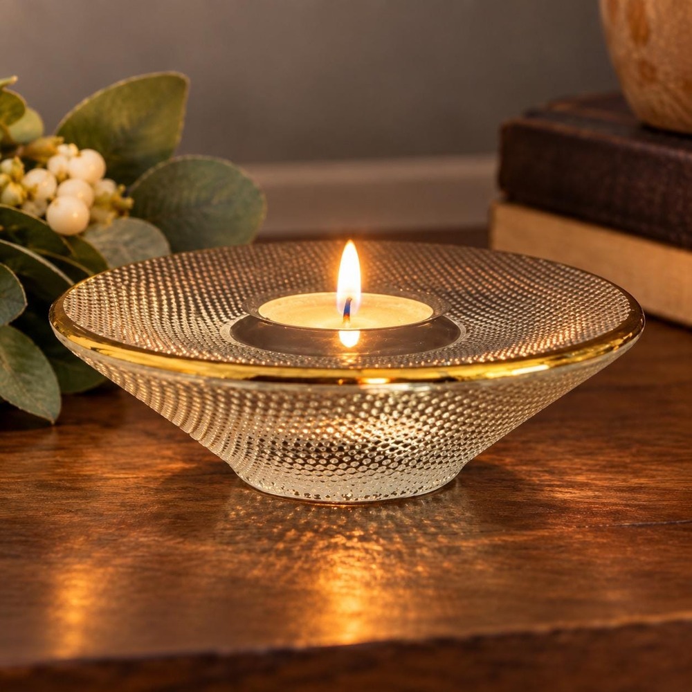 Vtg Kosta Boda Limelight Göran Wärff Glass Tealight Candleholder Gold Rim Sweden